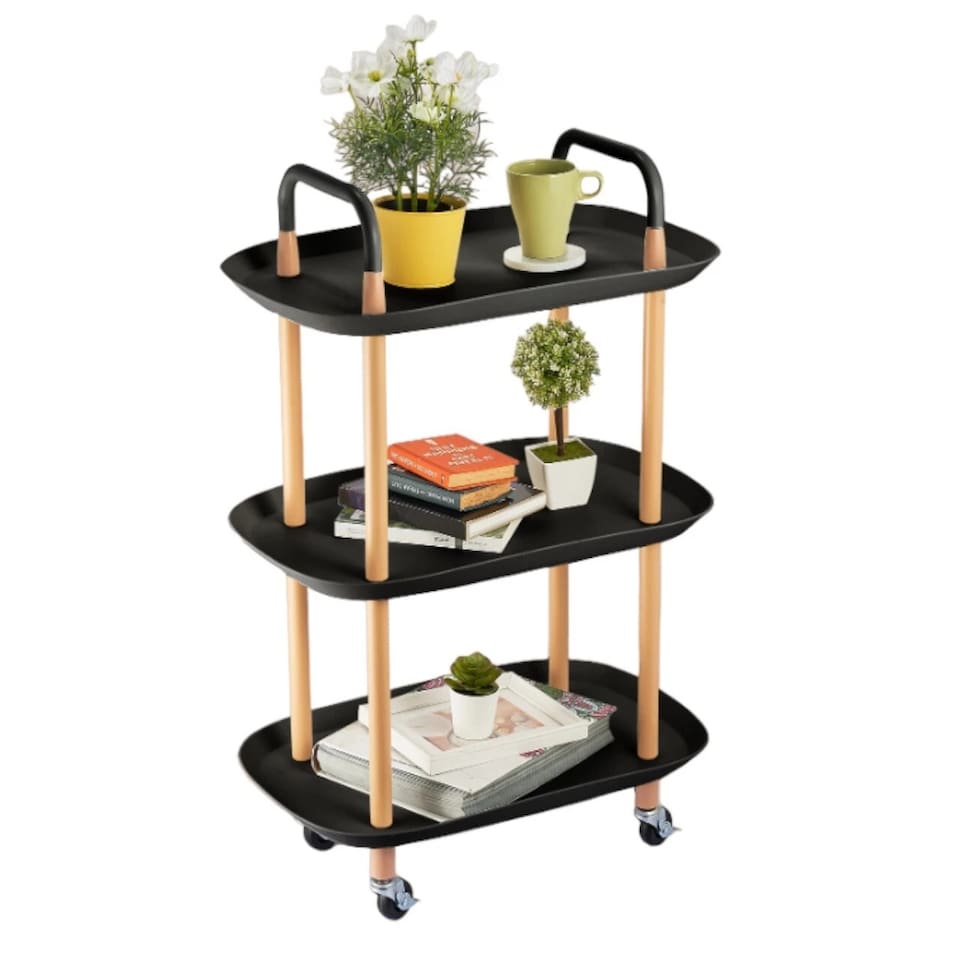 image 1 of 3 Tier Beech Wood & Plastic Serving Storage Trolley Food Drinks Cart on Wheels | Black | Black | 3 Tier | 1