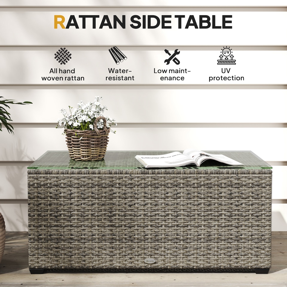 image 1 of Outsunny Outdoor Coffee Table, Glass Top Rattan Side Table, Dark Grey