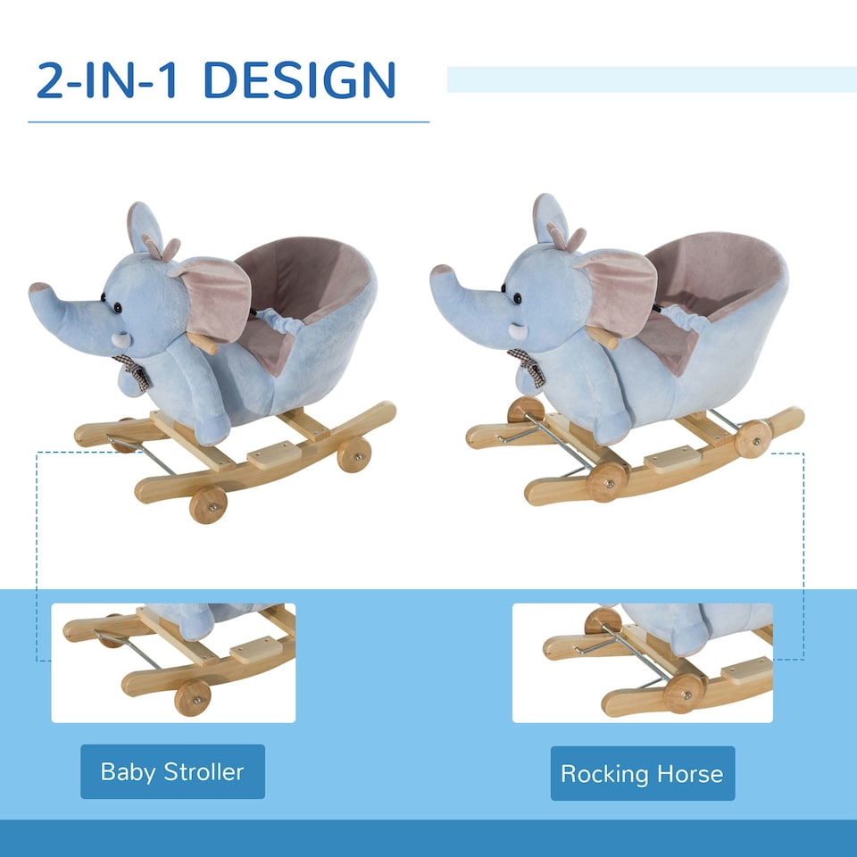 image 1 of HOMCOM 2-in-1 Baby Rocking Horse Ride On Elephant W/ Wheels Music, Blue