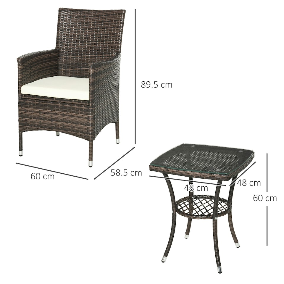 image 1 of Outsunny Rattan Bistro Set Garden Chair Table Patio Outdoor, Brown
