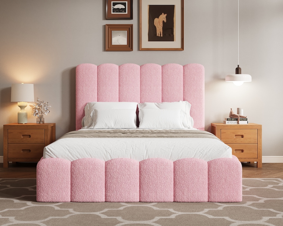 image 1 of Ezysleep Kingsley Boucle Soft Teddy Upholstered Gas Lift Ottoman Bed Frame | Pink | Pink