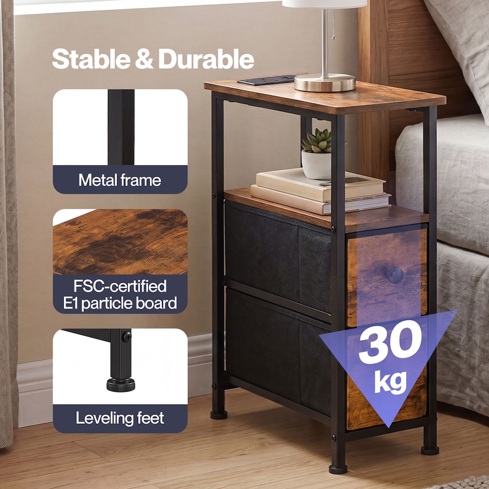 image 1 of Levede Bedside Table Narrow Side Table with LED Charging Station Storage Brown