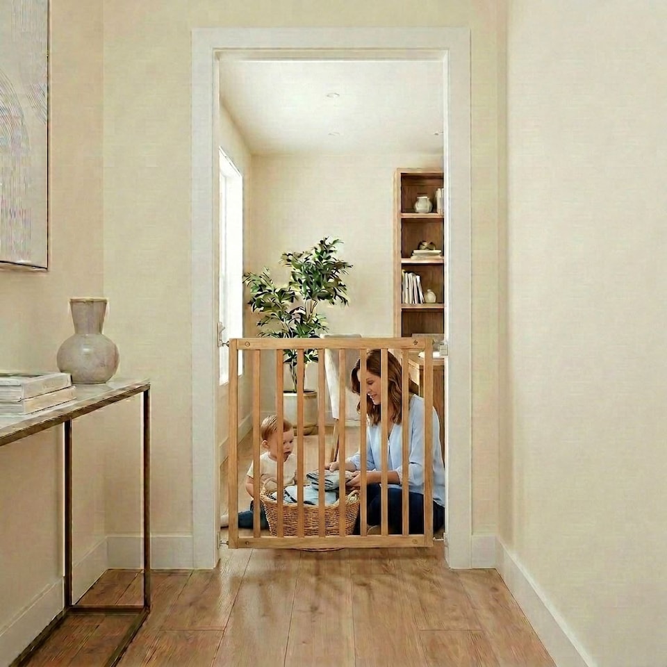 image 1 of Safetots Simply Secure Wooden Gate, 72cm - 79cm, Natural, Wooden Stair Gate, Screw Fit Baby Gate, Safety Barrier