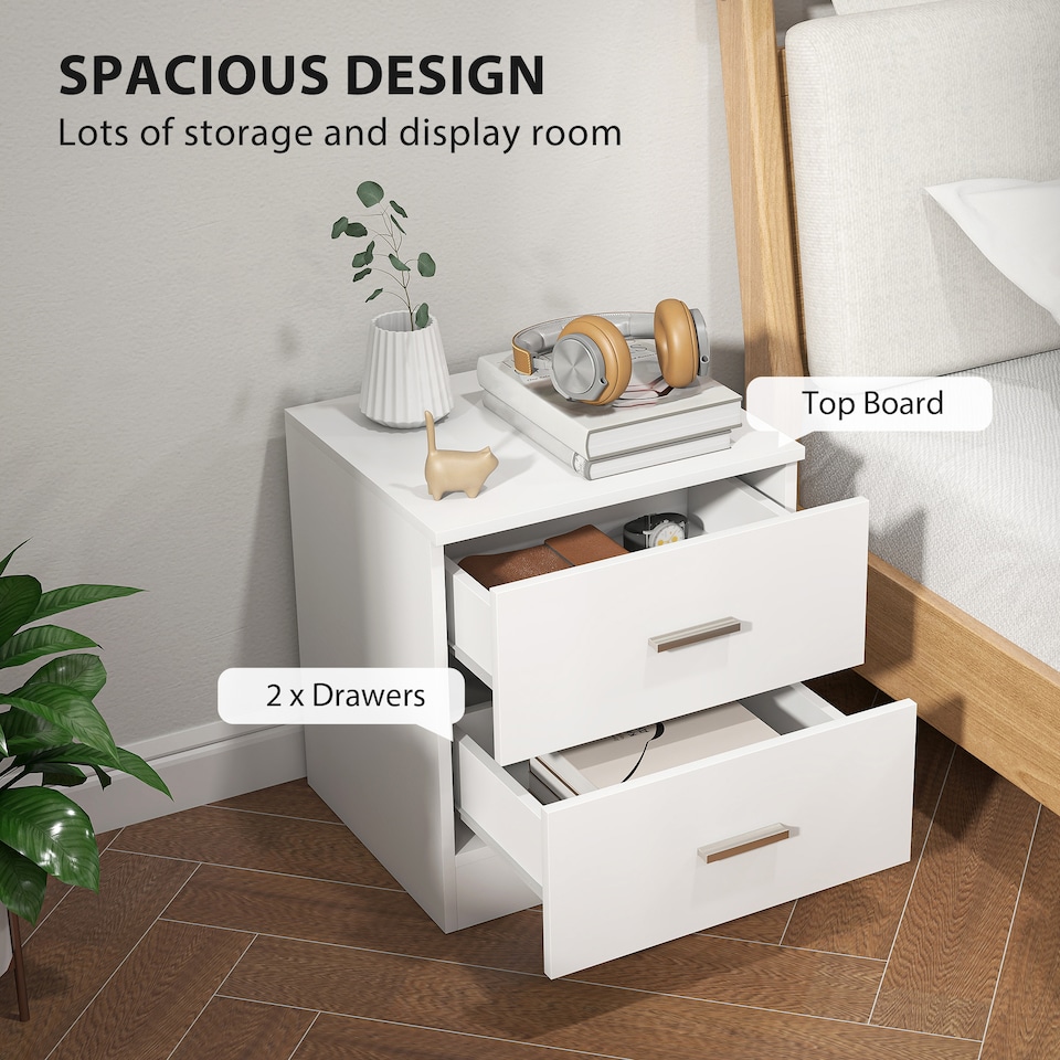 image 1 of HOMCOM Bedside Table with 2 Drawers, Modern Nightstand, Cabinet Drawers Side Storage Unit for Bedroom, Living Room, White