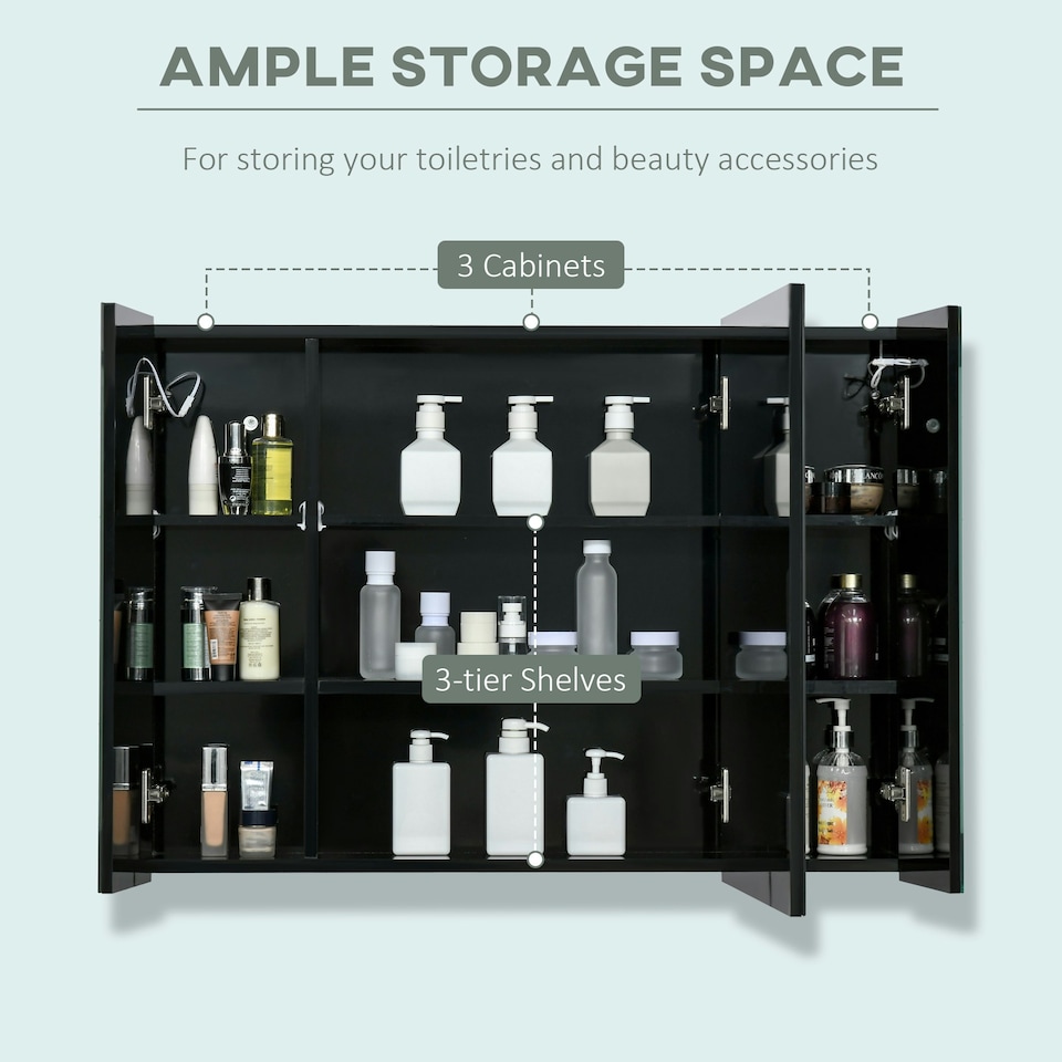 image 1 of kleankin LED Bathroom Mirror Cabinet with Shelves Wall Mount High Gloss Black
