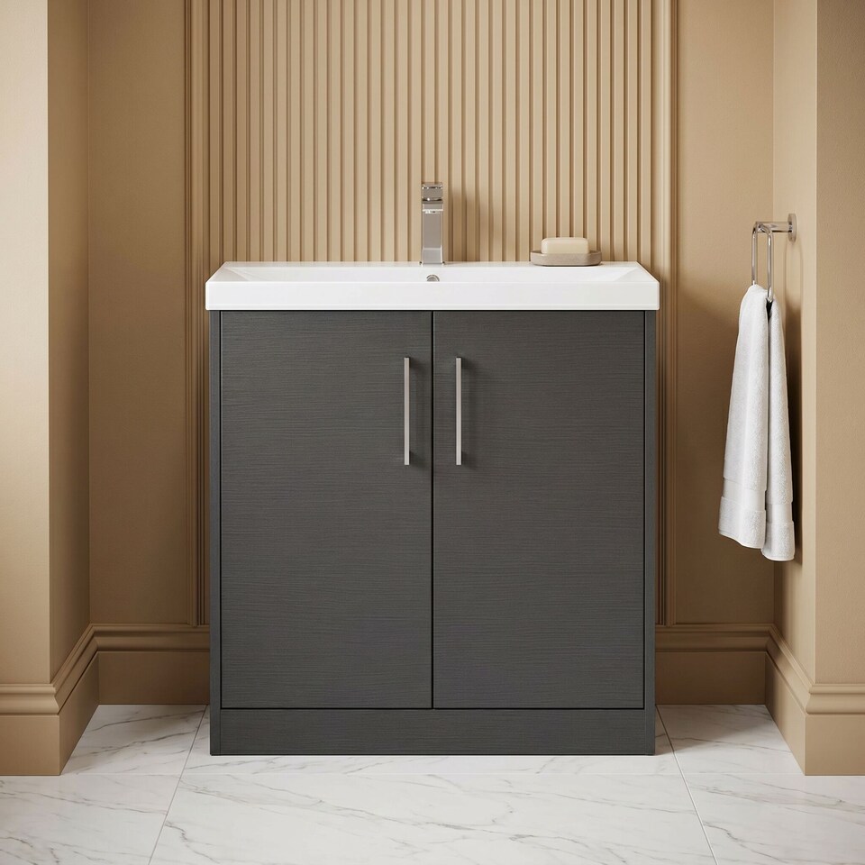 image 1 of Balterley Winshill Contemporary 2 Door Floor Standing Vanity Unit with Thin Edge Basin, Woodgrain Dark Grey, 800mm