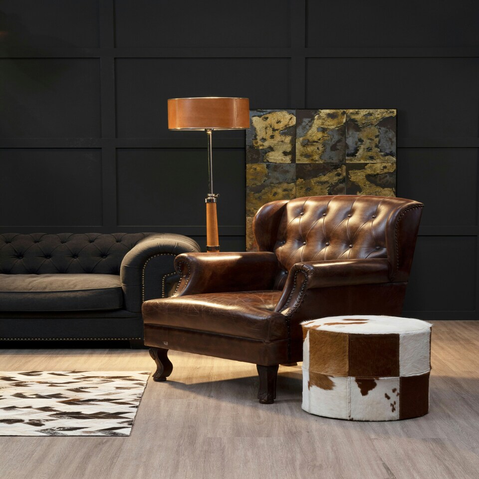 image 1 of Interiors By Premier Brown & White Genuine Cowhide Ottoman,Soft Padded Leather Footstool With Stitched Detailing,Pouffe Stool Brown