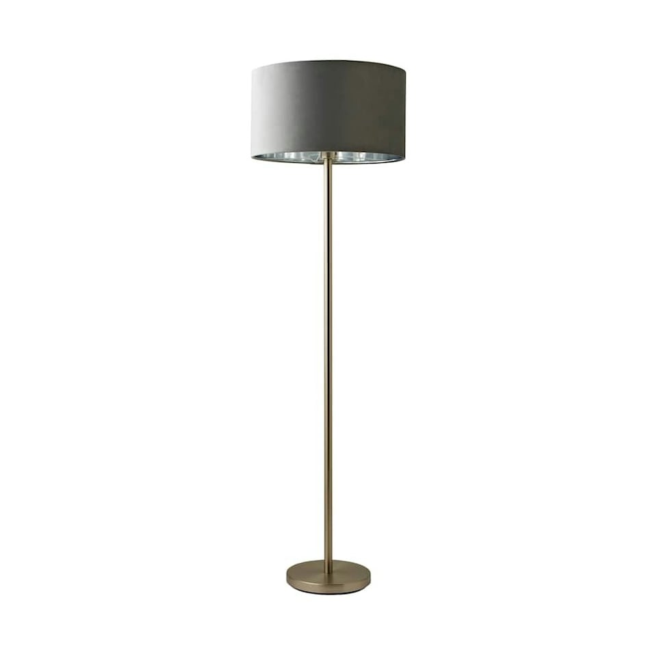 image 1 of ValueLights Charlie Brushed Chrome Floor Lamp Grey Velvet Chrome Shade