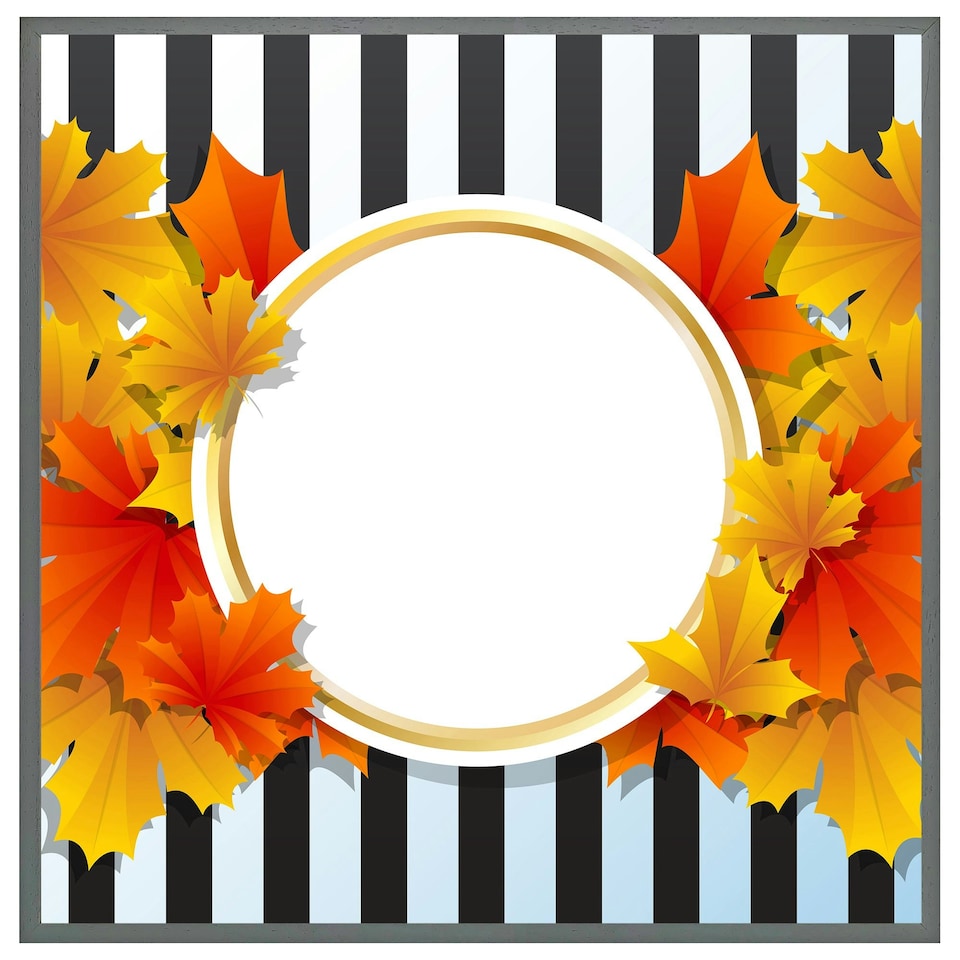 image 1 of Orange& red autumn leaves on black stripes (Picture Frame) White | M