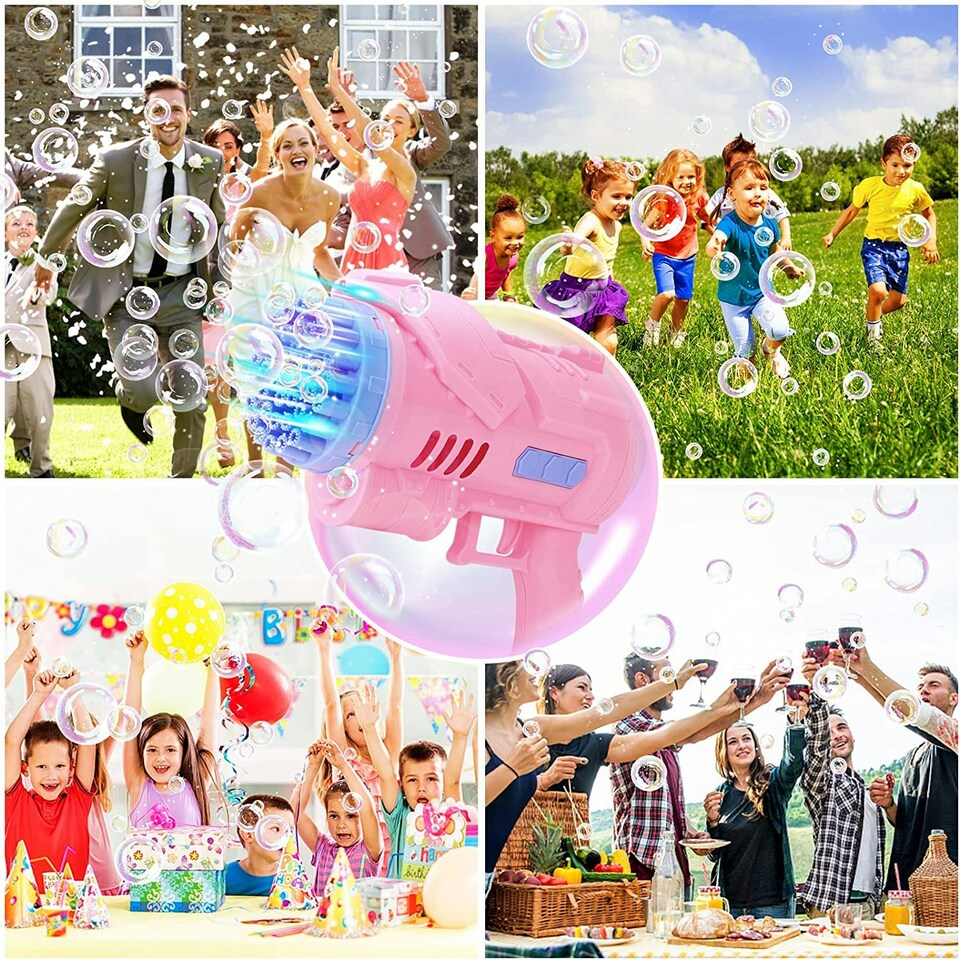 image 1 of 40-Hole Bubble Gun - Automatic Bubble Machine for Kids - LED Light-Up Bubble Blower with Bubble Solution - Outdoor Indoor Toy - Pink