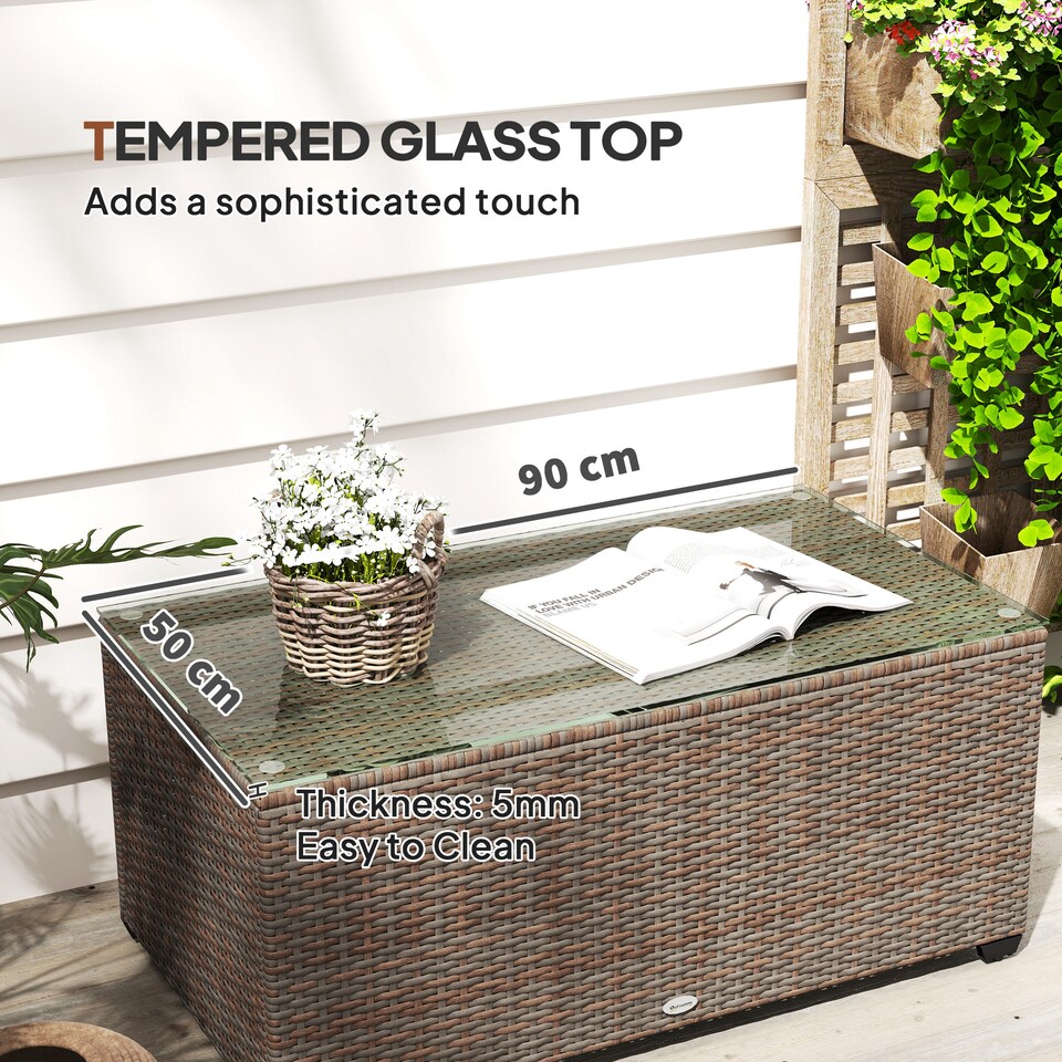image 1 of Outsunny Outdoor Coffee Table, Glass Top Rattan Side Table, Brown