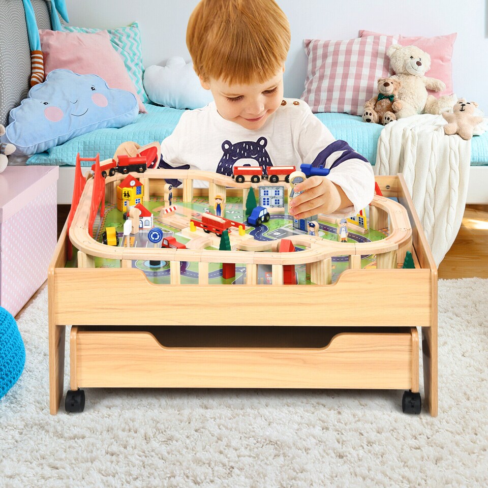 image 1 of COSTWAY 100 Pcs Kid's Train Railway Track Set Table Yellow
