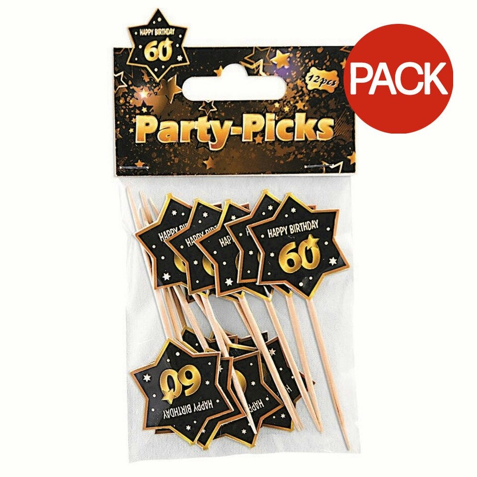 Bristol Novelty 60th Birthday Party Picks (Pack Of 12) - Black/Gold - One Size
