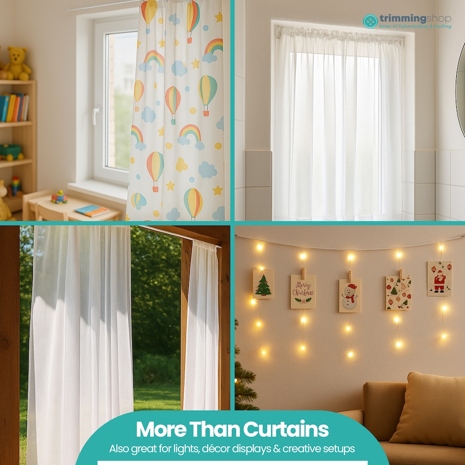 image 1 of White Net Curtain Wire & Hook Set, 2m Curtain Cord with 6 Hooks & 6 Eyes