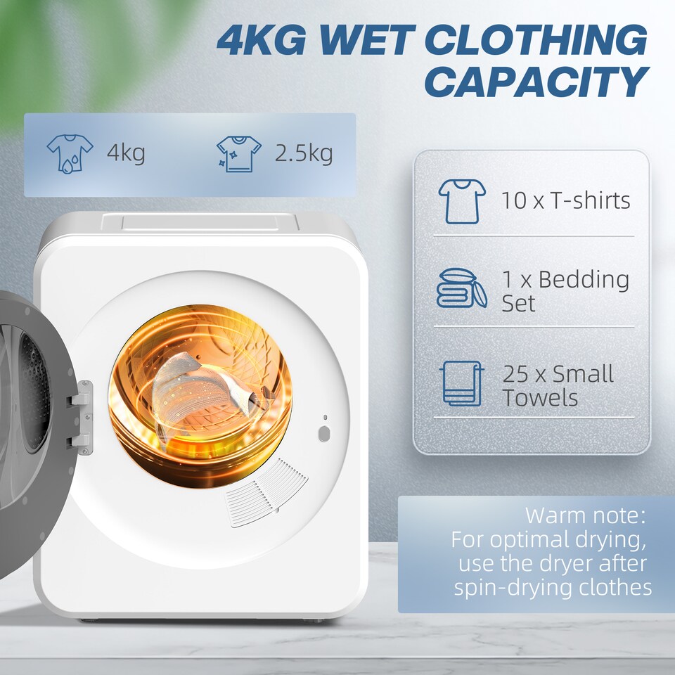 image 1 of HOMCOM 800W Compact Dryer Machine, 4 kg Small Vented Tumble Dryer, White