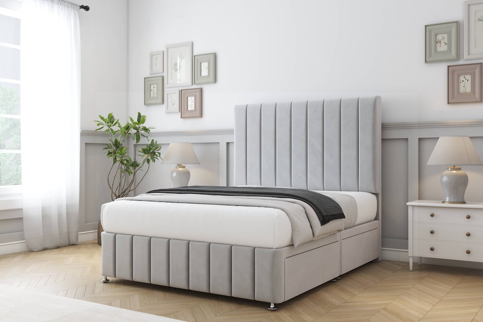 image 1 of Sloomy California Silver Plush Divan Bed Base No Drawers With 26 Inch Strutted Headboard & 12 Inch Matching Footboard | Silver | Silver | Double | 1