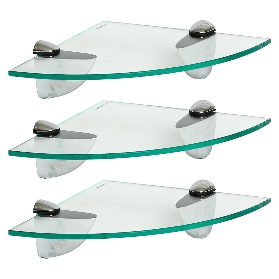 image 1 of Harbour Housewares 3x Floating Glass Corner Shelves - 20cm - Silver Brackets - Bathroom Shower Storage Vanity Display Unit Shelf | Silver | Clear/Chrome | 20 x 20 x 0.5 CM | 3