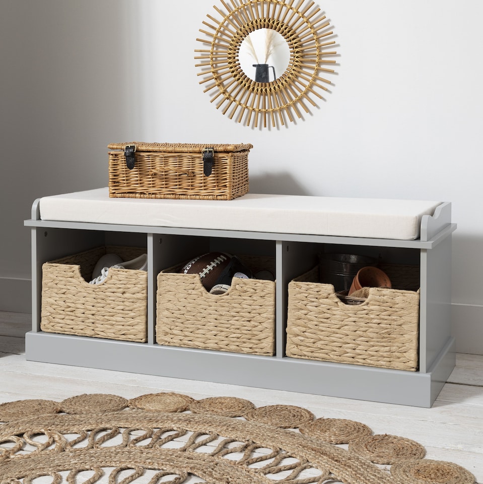 image 1 of Stockholm Storage Bench with 3 Brown Baskets in Silk Grey