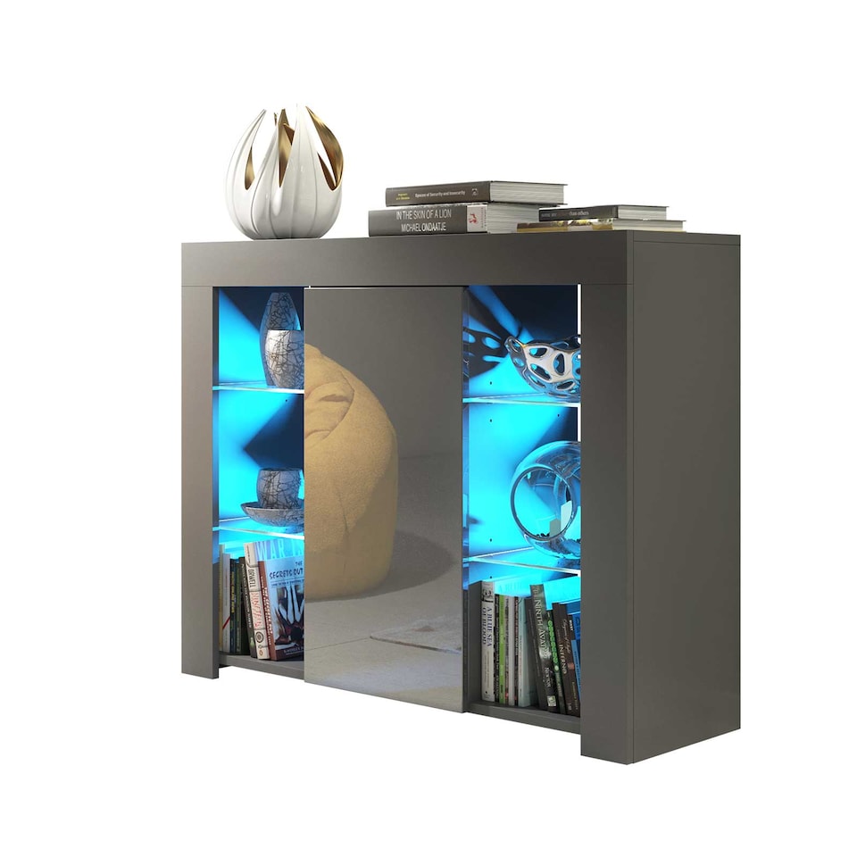 image 1 of Display Cabinet Bookcase Sideboard Storage Cabinet Cupboard Grey High Gloss LED 97.5cm