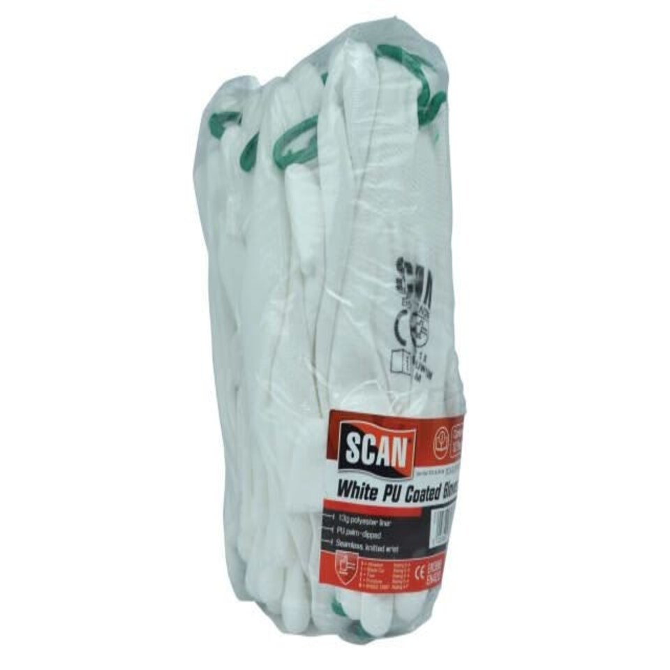 White PU Coated Gloves - M (Size 8) (Pack 12) - SCAGLOPUW12M N/A