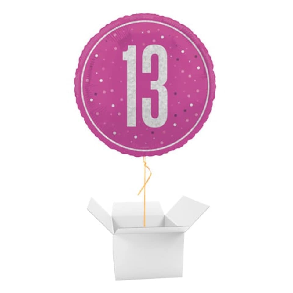 image 1 of Hot Pink Glitz 13th Birthday Holographic Round Foil Helium Balloon - Inflated Balloon in a Box