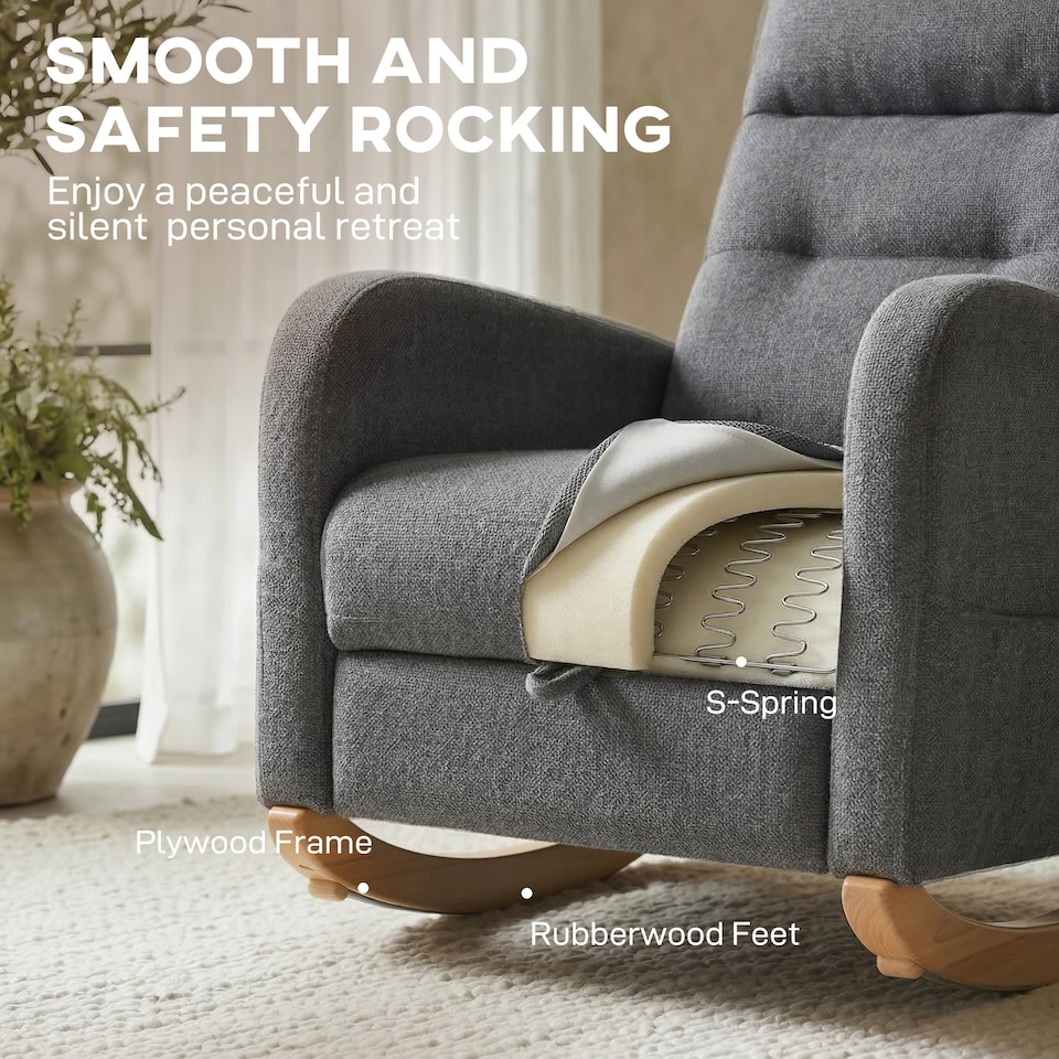 image 1 of HOMCOM Upholstered Rocking Chair with Retractable Footrest, High Back Grey