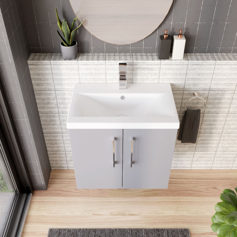 image 1 of Modern Bathroom Wall Hung 2 Door Vanity Ceramic Basin, Grey, 600mm | Grey | Satin Grey | 579 x 610 x 390mm