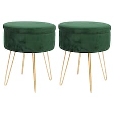 Harbour Housewares Round Velvet Storage Footstools - H45 x D36cm - Green/Gold - Pack of 2 | Green | Green/Gold