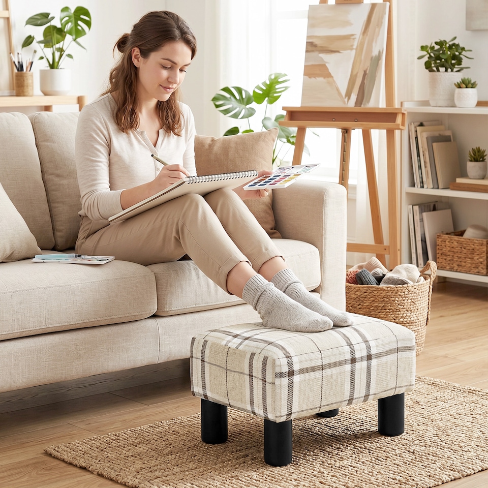 image 1 of HOMCOM Chic Linen Fabric Foot Stool Ottoman Cube with Legs