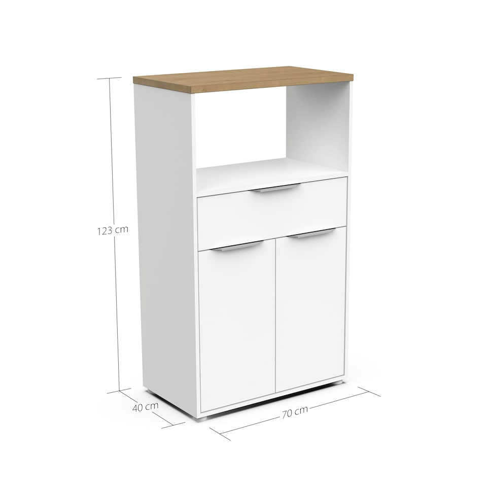 image 1 of FURNICOMP Luna Tall Freestanding Kitchen Pantry Cupboard with Microwave Shelf - Matt White & Hamilton Oak