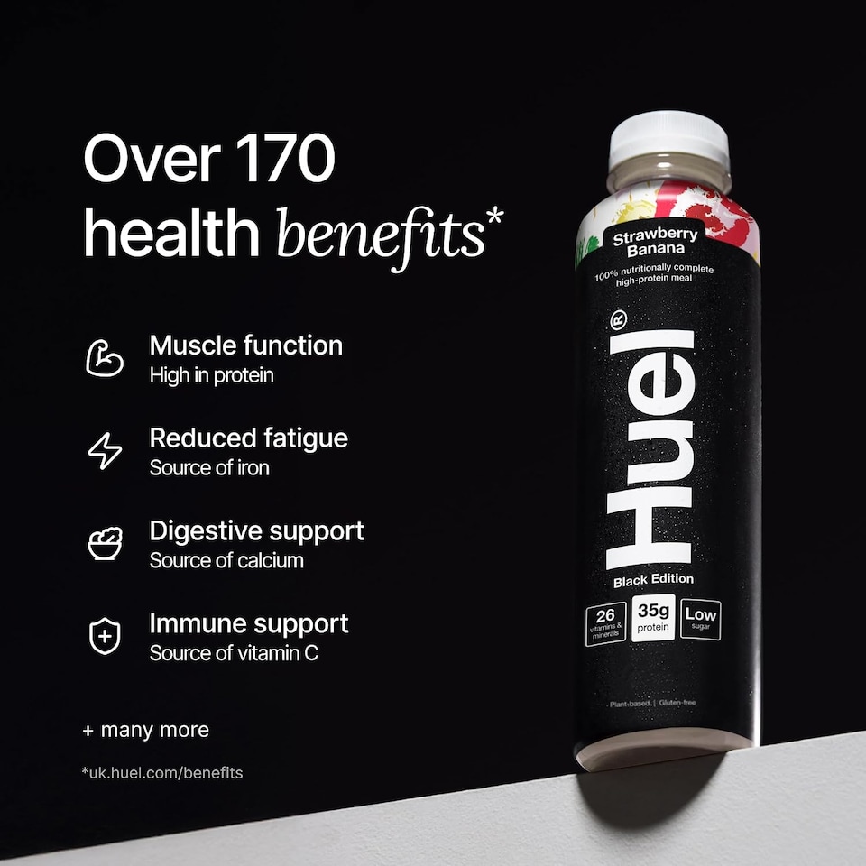 image 1 of Huel Ready-to-Drink Meal, BLACK EDITION Strawberry & Banana Protein Drink, 500ml Bottles (Pack of 8) - Protein Shakes, Pre-Portioned Meal, 35g of Protein per Bottle