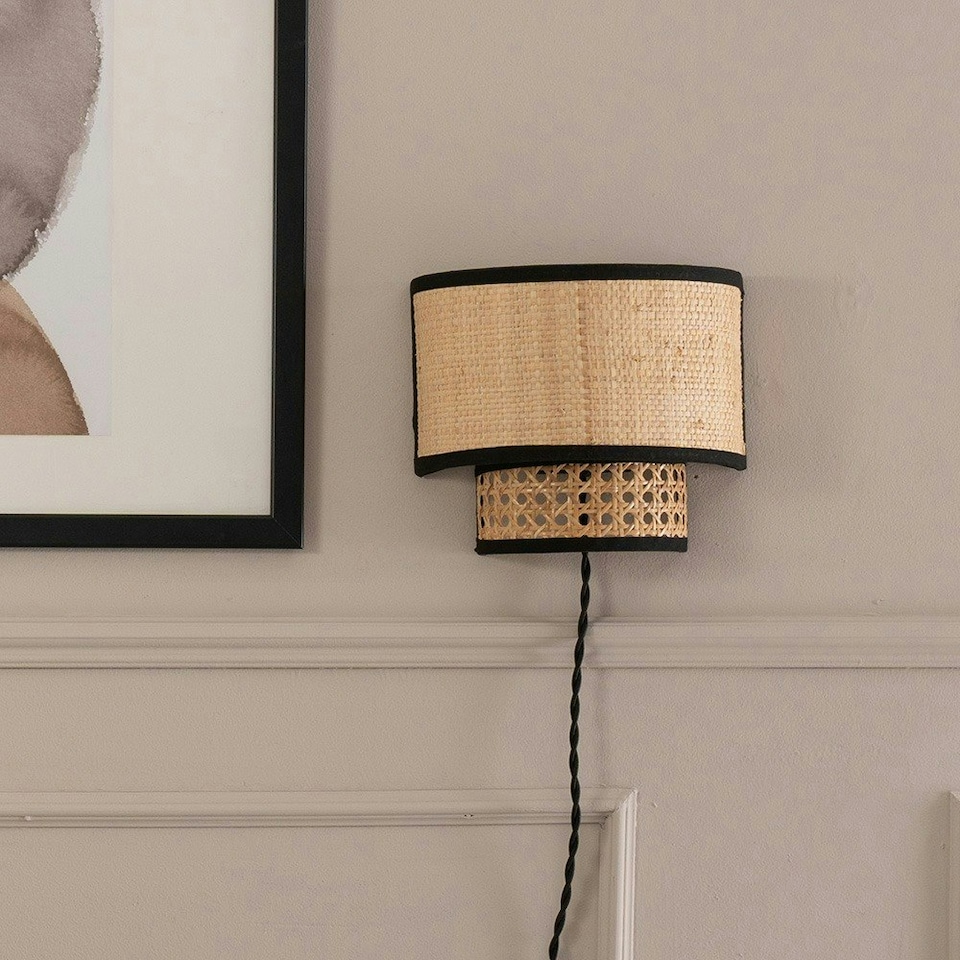 image 1 of ValueLights Grant Plug in Natural Rattan Wicker Cane Wall Light