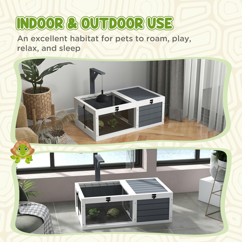 image 1 of PawHut Tortoise House, Wooden Tortoise Table w/ Wooden Lamp Holder - Grey