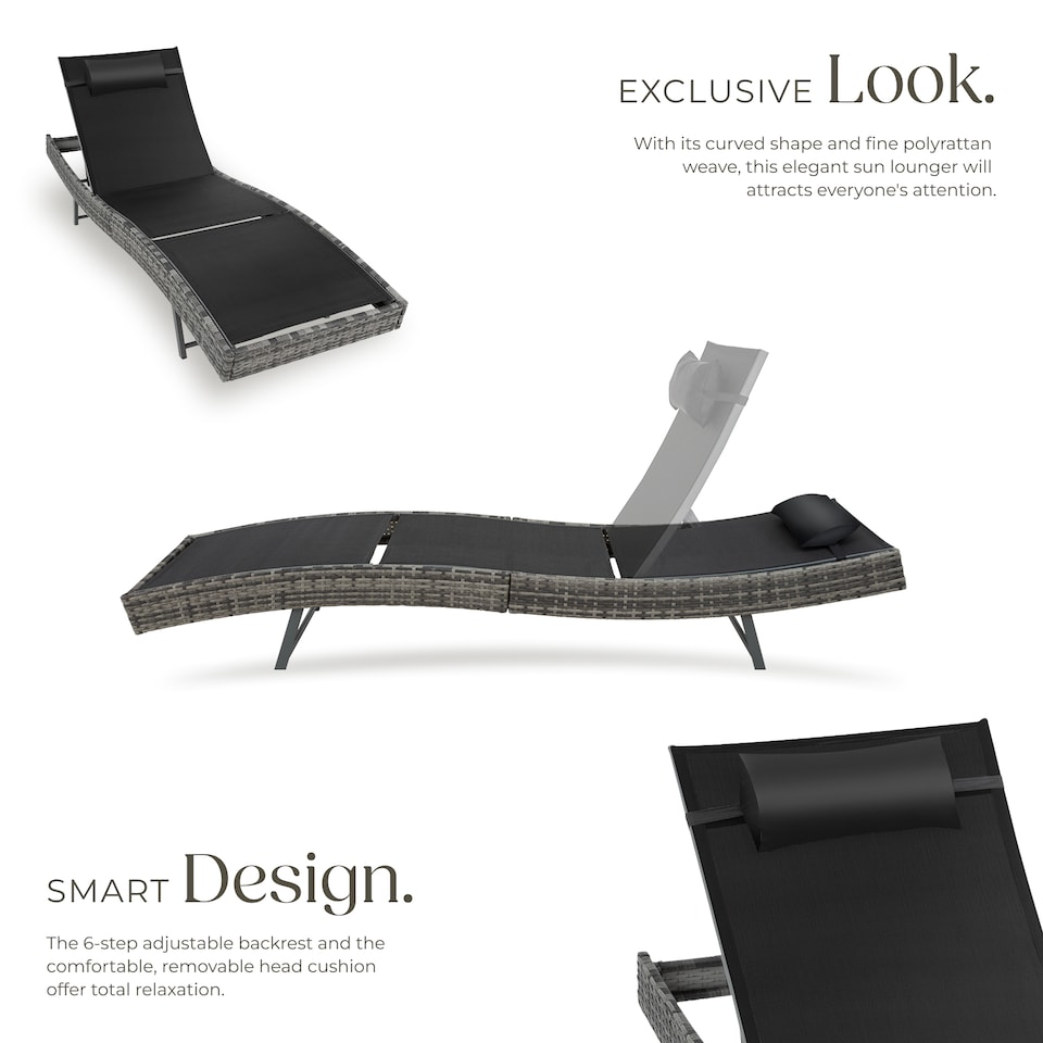 image 1 of Sun Lounger Weatherproof And UV-resistant 6 step Adjustable Backrest Poly Rattan | Grey | mottled grey | 1