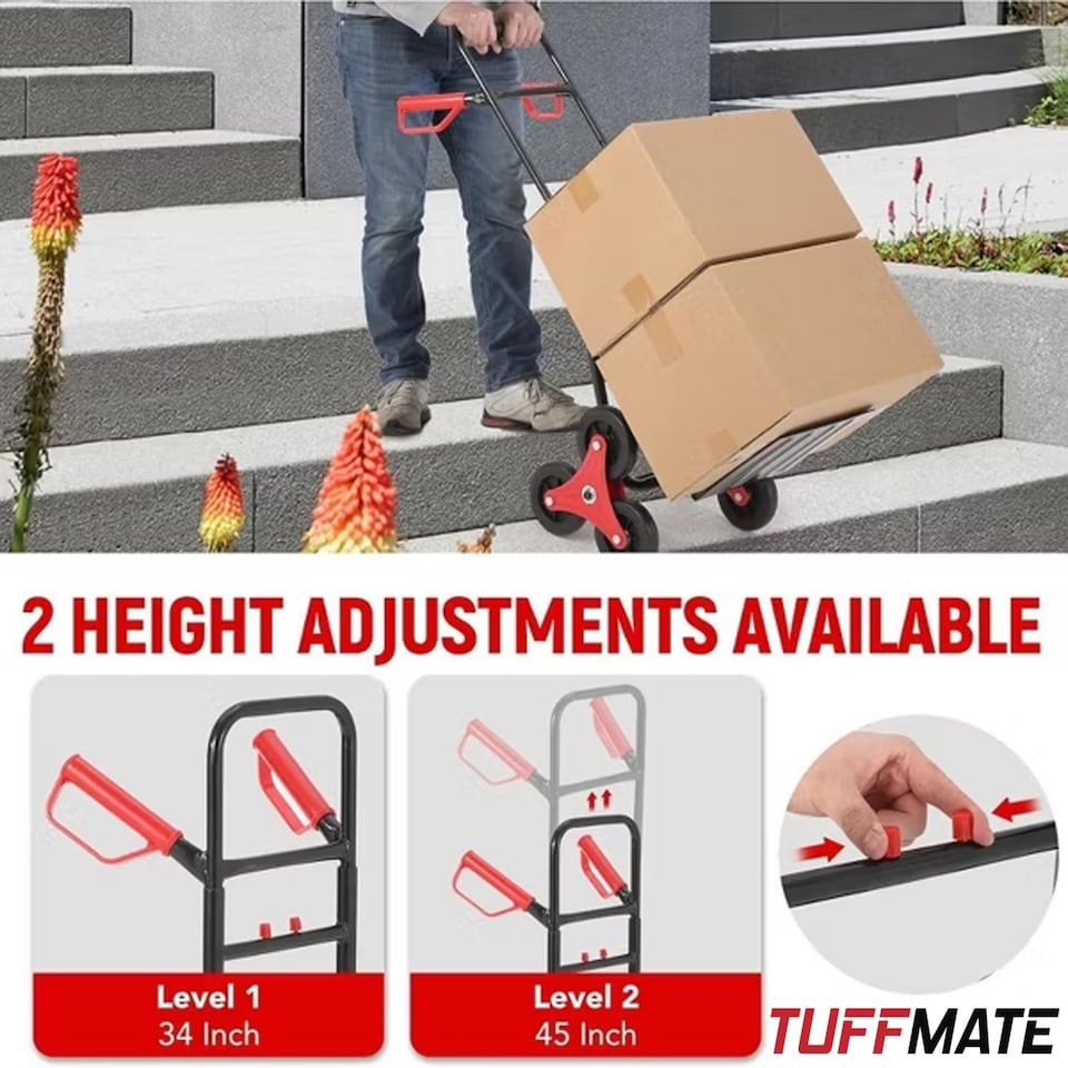 image 1 of TUFFMATE 150kg Folding Stair Climber Sack Truck - Tri-Wheel Heavy Duty Trolley & Telescopic Handle