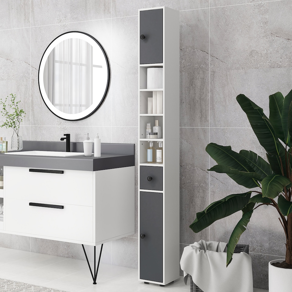 image 1 of kleankin 180cm Tall Bathroom Cabinet, Slim Bathroom Storage Cabinet with 4 Open Shelves, 2 Door Cupboards and Adjustable Shelves, White and Grey