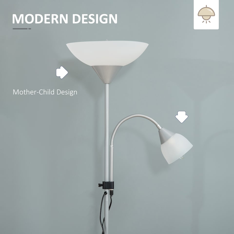 image 1 of HOMCOM LED Floor Lamp for Living Room, 180cm Tall Standing Lamp, Mother and Child Uplighter with Adjustable Gooseneck, Silver Tone