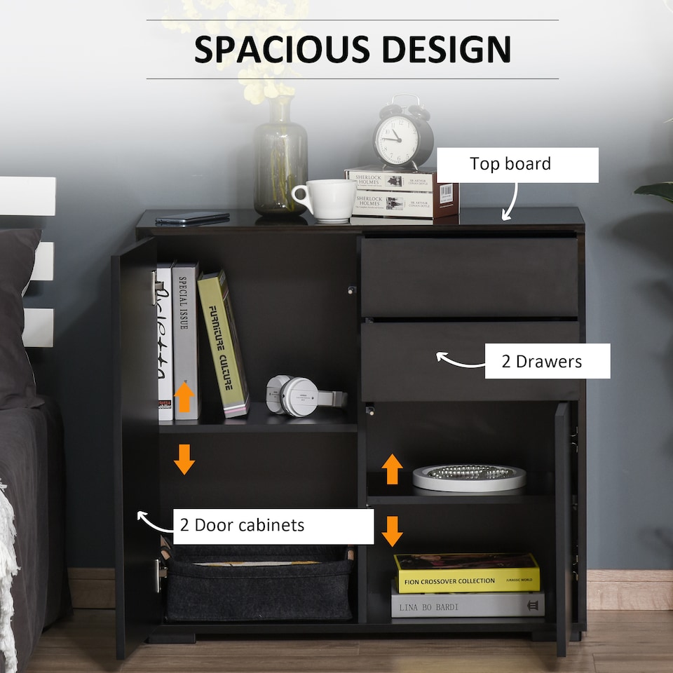 image 1 of HOMCOM High Gloss Frame Sideboard, Side Cabinet, Push-Open Design with 2 Drawer for Living Room, Bedroom, Black