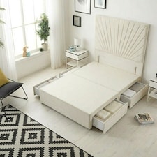 Sunburst Divan Bed with 4 Drawers & 54'' Floor Standing Headboard Plush Velvet | Cream | Ivory