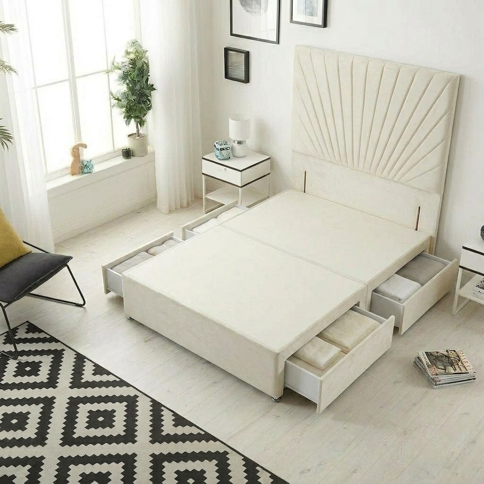image 1 of Sunburst Divan Bed with 4 Drawers & 54'' Floor Standing Headboard Plush Velvet | Cream | Ivory