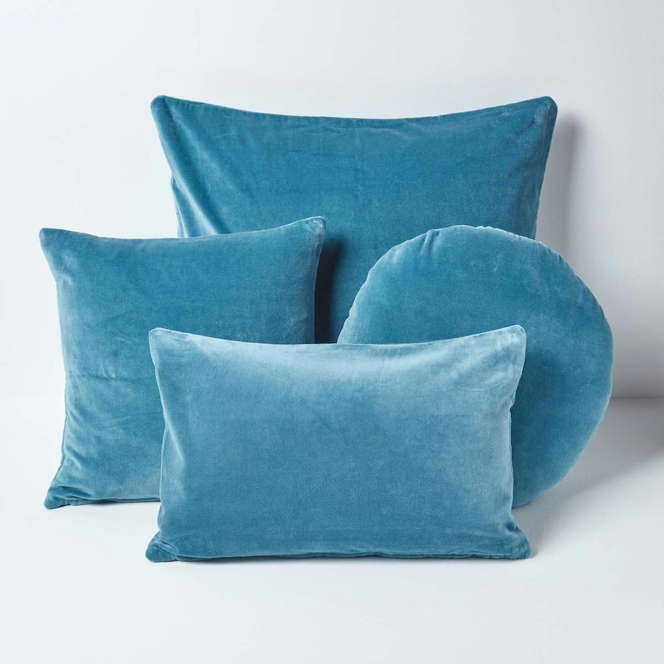 image 1 of Homescapes Blue Velvet Cushion - 40 cm Round Blue