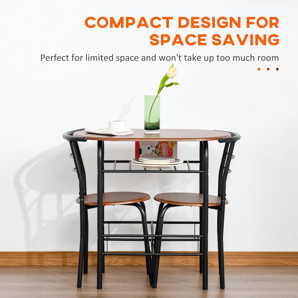 image 1 of HOMCOM Dining Table and Chairs Set 3, Breakfast Bar Table and 2 Chairs with Storage Shelf, Wood-Effect Tabletop, Metal Frame, Dining Room Set for Living Room, Small Space, Natural