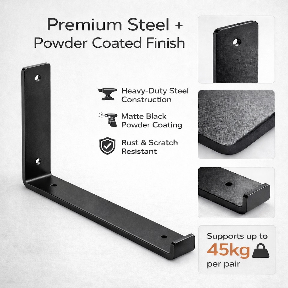 image 1 of MKGT 6 Pack Heavy Duty Scaffold Board Shelf Brackets 225mm, Raw Steel Industrial Wall Mounted Rustic Shelving Supports