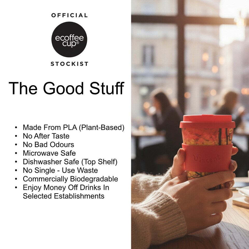 image 1 of Ecoffee Cup 12oz 350ml Van Gogh Design Reusable, Plant Based Coffee Cup with Silicone Lid & Sleeve, Flowering Plum Orchard