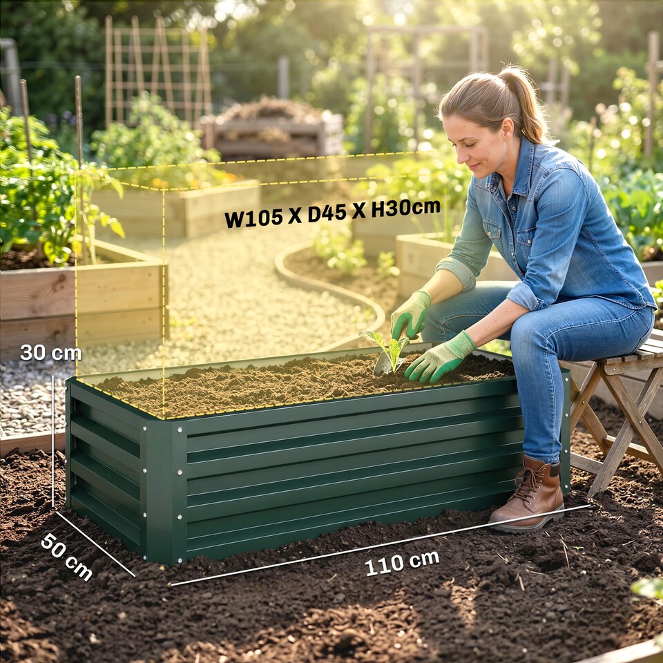image 1 of Outsunny Set of 2 Raised Garden Bed Galvanised Planter Box, Green