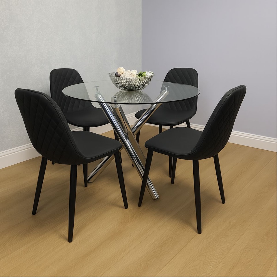 image 1 of Round Clear Glass Dining Table with Chrome Metal Legs and 4 Black Faux Leather Chairs, Modern Dining Set