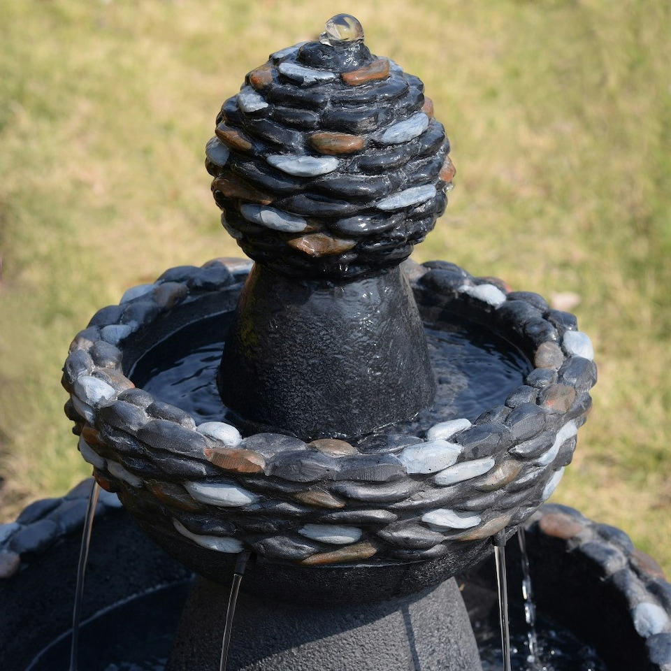 image 1 of Teamson Home Garden Outdoor Water Feature, 3-Tier Pedestal Water Fountain, Dark Grey Stone Finish