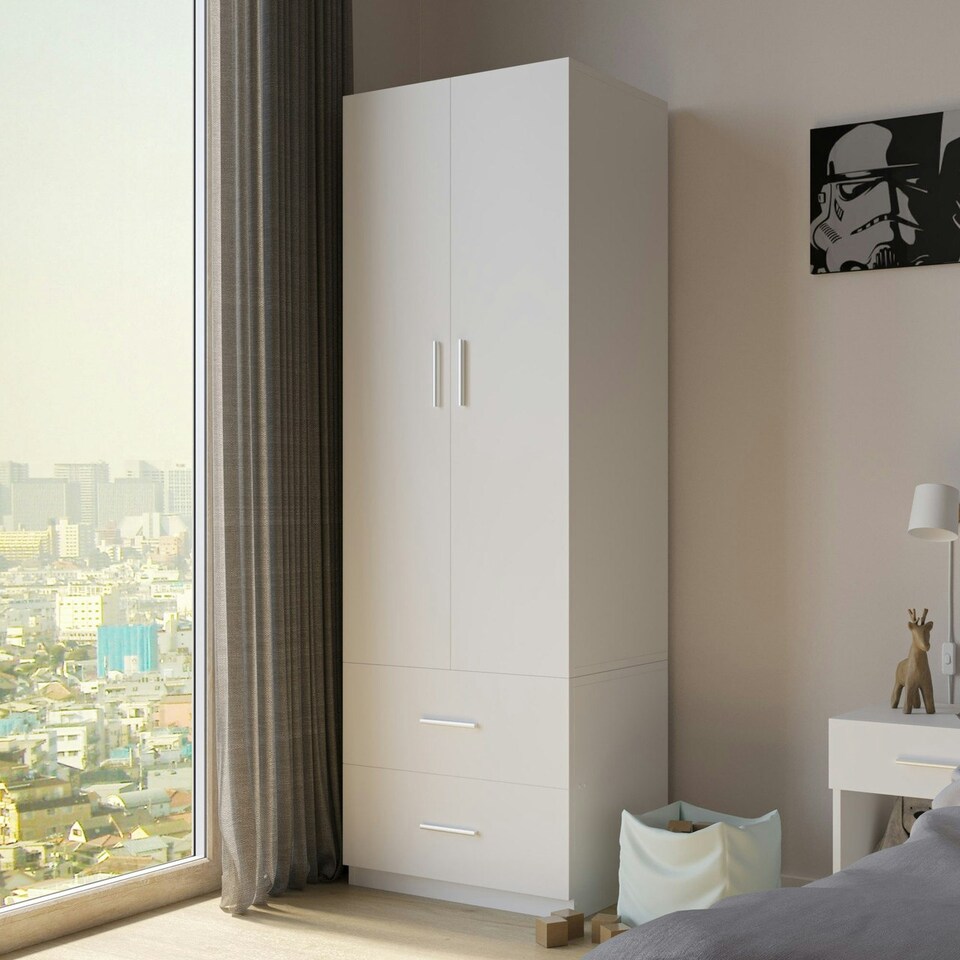 image 1 of White 2-Door 2-Drawer Wardrobe. Pink | Accent Colour: Pink