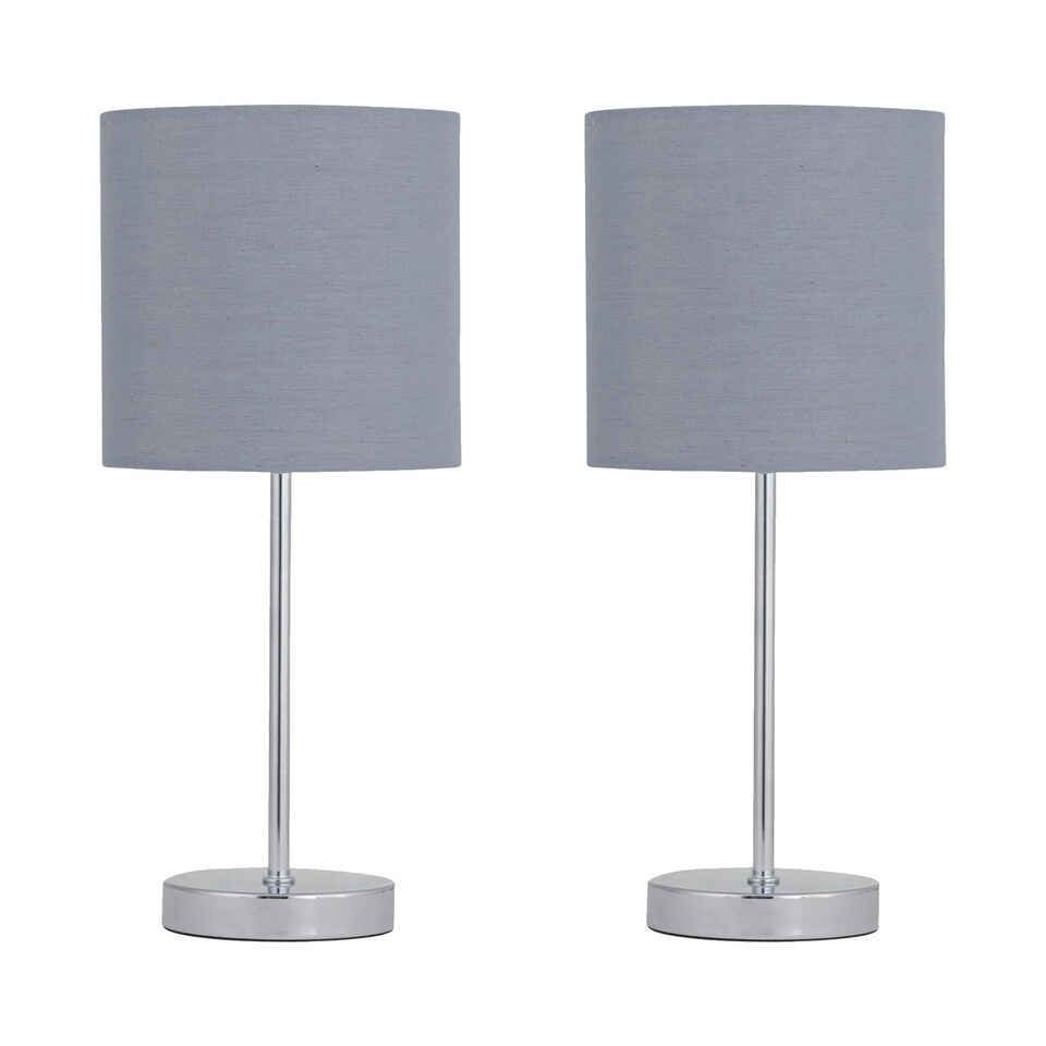 image 1 of First Choice Lighting Set of 2 Chrome Touch Operated Table Lamp with Grey Cotton Shades Chrome | Grey