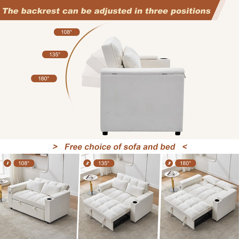 image 1 of FENCHILIN 2 Seater Pull Out Sofa Bed Loveseat Recliner with Hidden Table, Cup Holders, USB & Type-C Beige